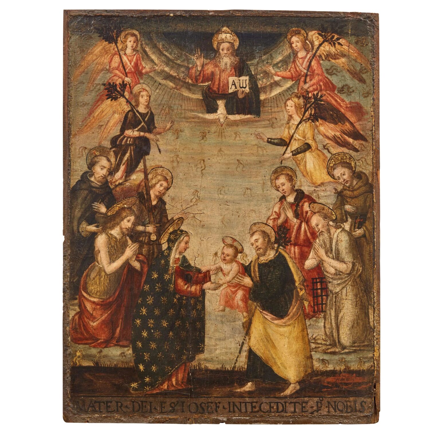 “Torna a casa” un dipinto del Maestro di Marradi, acquistato all’asta “Sacra Famiglia tra santi, angeli e Dio padre benedicente”
